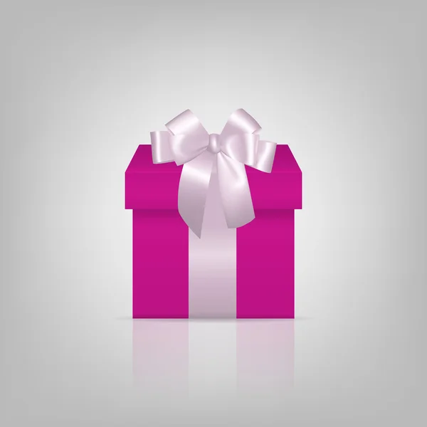 Caja de regalo cuadrada rosa con cinta blanca y lazo — Vector de stock