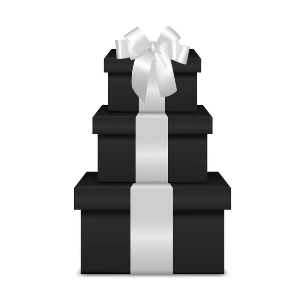 Stack of three realistic black gift boxes with white ribbon and bow — Stockvector