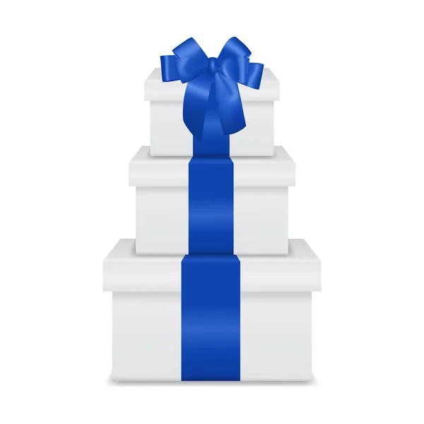 Stapel van drie realistische witte geschenkdozen met blauw lint en boog — Stockvector