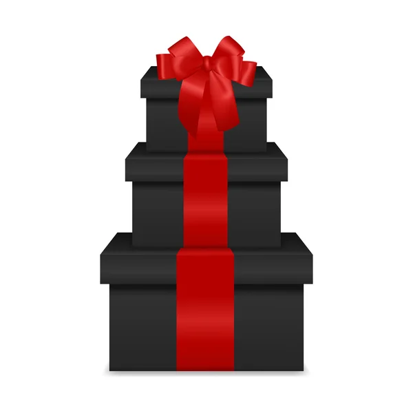 Stack of three realistic black gift boxes with red ribbon and bow — Stockvector