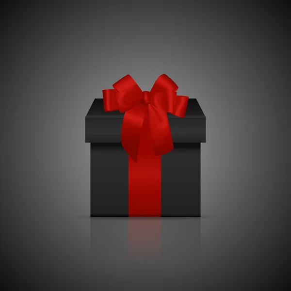 Black square gift box with red ribbon and bow — 图库矢量图片