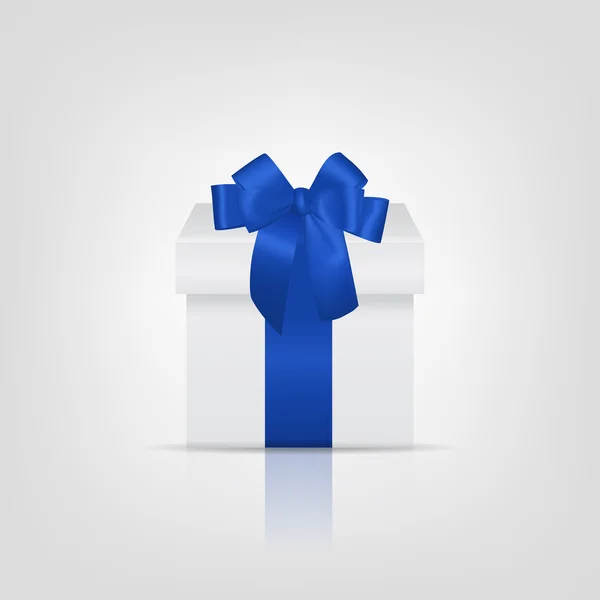 Confezione regalo quadrata bianca con nastro blu e fiocco — Vettoriale Stock