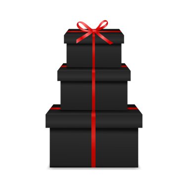 Stack of three realistic black gift boxes with red ribbon and bow