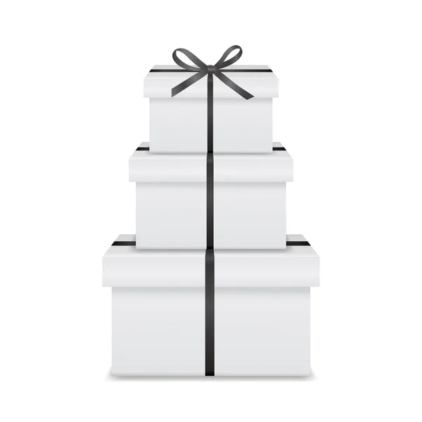 Stack of three realistic white gift boxes with black ribbon and bow — Stock Vector