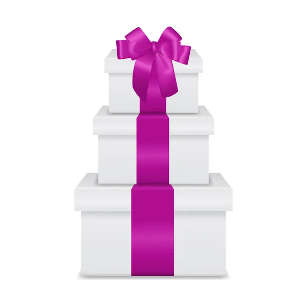 Stack of three realistic white gift boxes with pink ribbon and bow — Stok Vektör