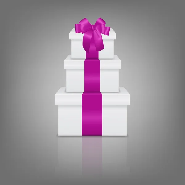 Pila di tre realistiche scatole regalo bianche con nastro rosa e fiocco — Vettoriale Stock