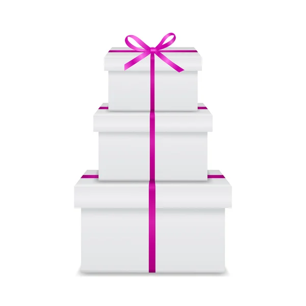 Pila de tres cajas de regalo blancas realistas con cinta rosa y lazo — Vector de stock