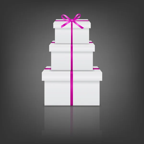 Pila de tres cajas de regalo blancas realistas con cinta rosa y lazo — Vector de stock