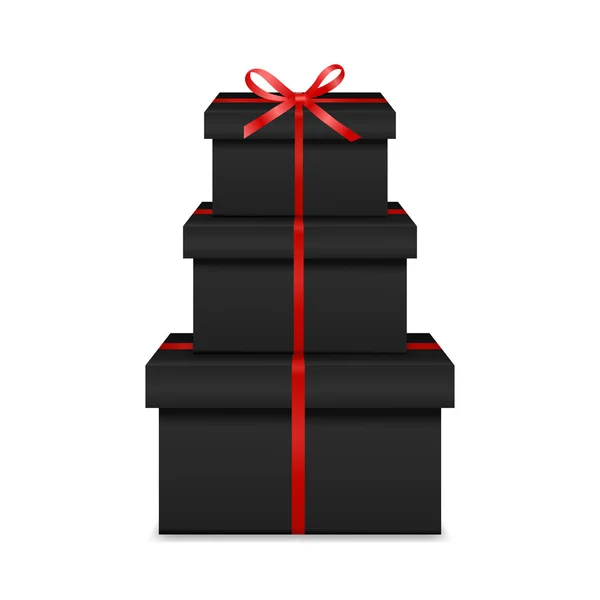 Stapel von drei realistischen schwarzen Geschenkboxen mit roter Schleife und Schleife — Stockvektor