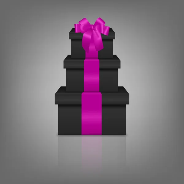 Stack of three realistic black gift boxes with pink ribbon and bow — Stock Vector