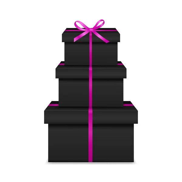 Pila di tre realistiche scatole regalo nere con nastro rosa e fiocco — Vettoriale Stock
