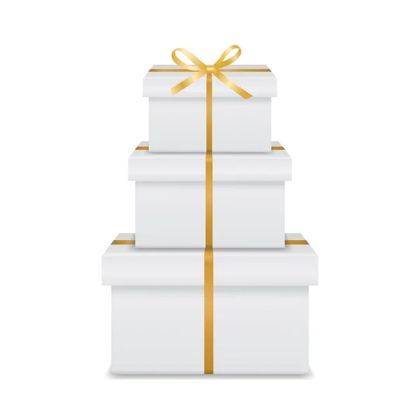 Stack of three realistic white gift boxes with golden ribbon and bow — Stock Vector