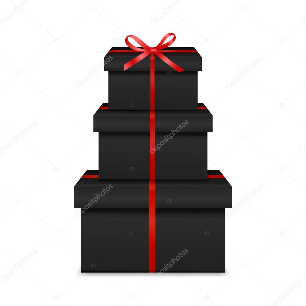 Stack of three realistic black gift boxes with red ribbon and bow