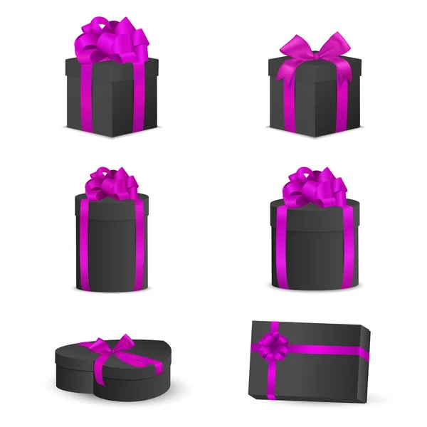 Set of black gift boxes with pink bows and ribbons. — Stock Vector