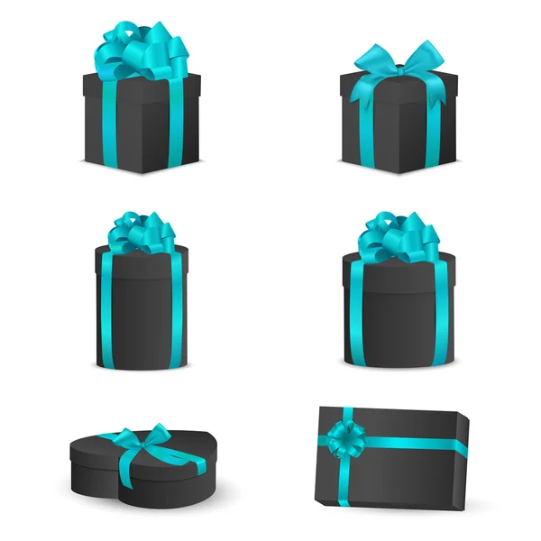 Set of black gift boxes with blue bows and ribbons. — Stock Vector