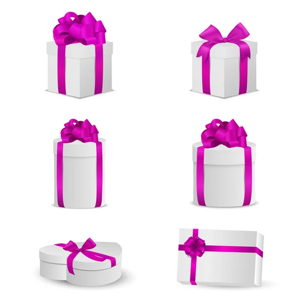 Set of white gift boxes with pink bows and ribbons. — Stock Vector