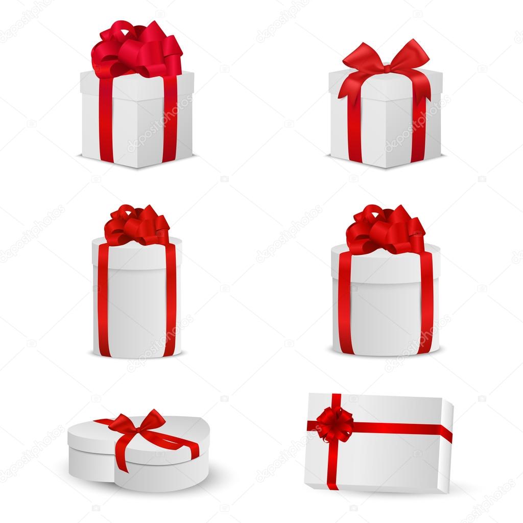 Set of white gift boxes with red bows and ribbons.