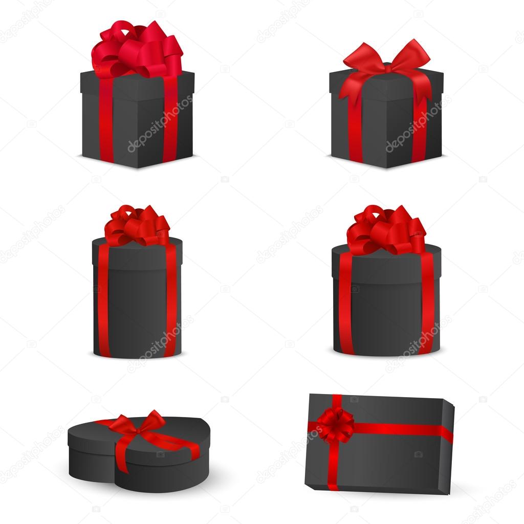 Set of black gift boxes with red bows and ribbons.