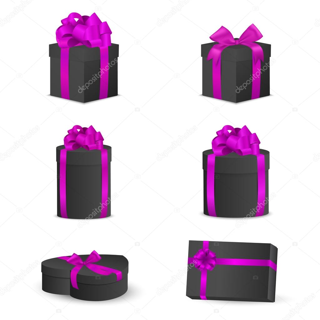 Set of black gift boxes with pink bows and ribbons.