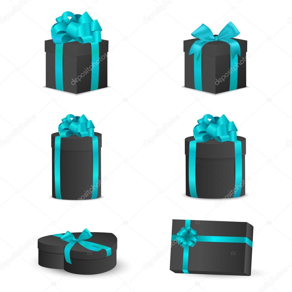 Set of black gift boxes with blue bows and ribbons.