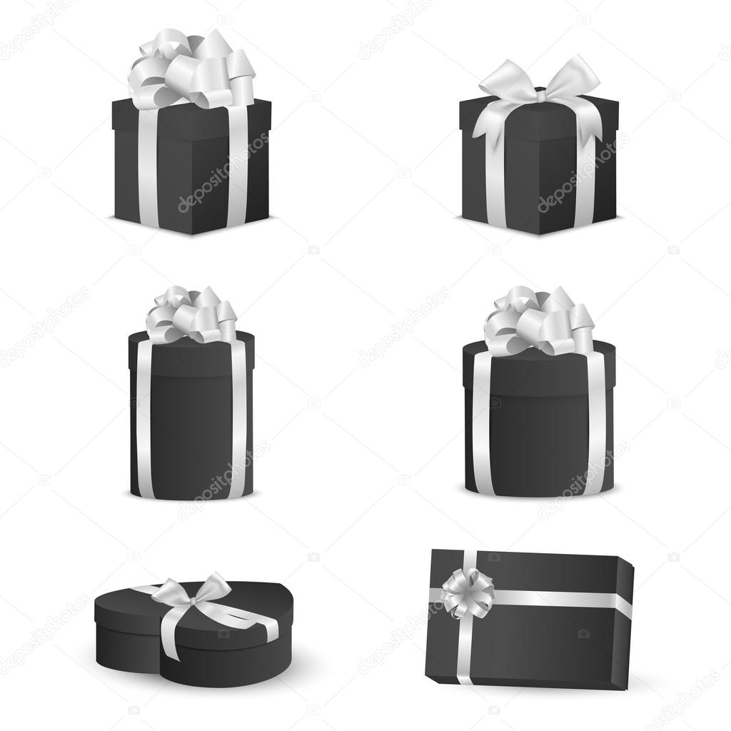 Set of black gift boxes with white bows and ribbons.