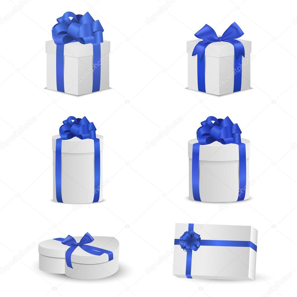 Set of white gift boxes with blue bows and ribbons.