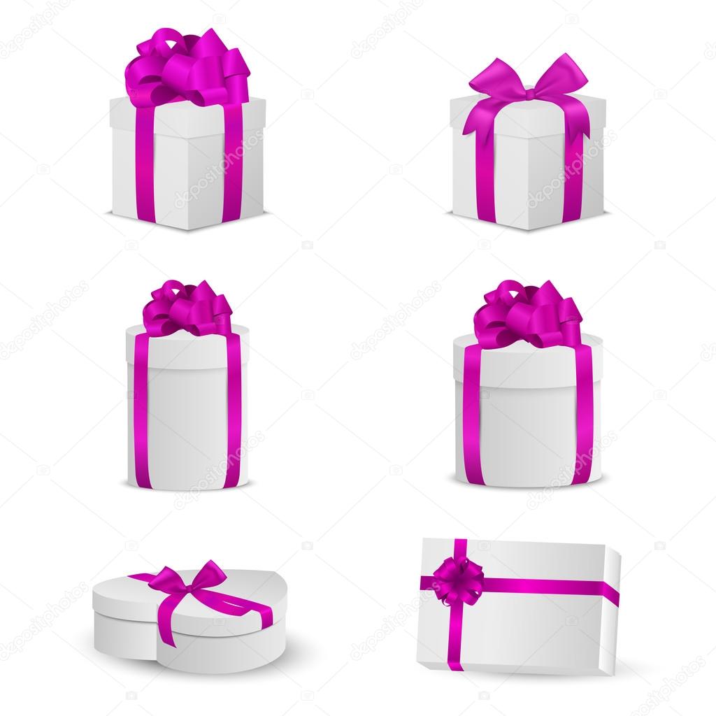 Set of white gift boxes with pink bows and ribbons.