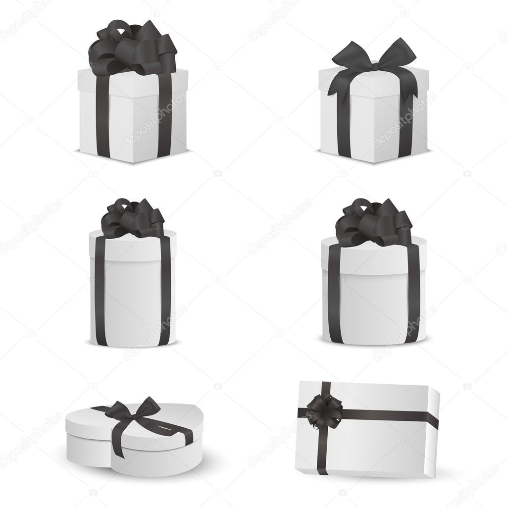 Set of white gift boxes with black bows and ribbons.