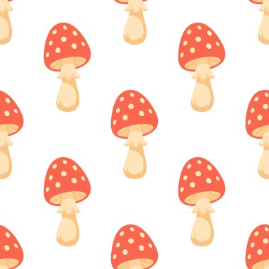 Amanita Mantar Vektörü Kusursuz Şablon. Beyaz Arkaplanda Kırmızı Amanita Mantarı çizgi filmi. Orman Arkaplanı. Zehirli Mantar Kumaşı. Amanita Doğa Dekorasyonu, Woodland Yazdırma Tasarımı.