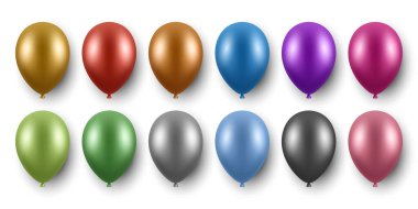 Vektör 3d Gerçekçi Folyo Metalik Renkli Balonlar. Gerçekçi Parti Balonları, izole edilmiş. Renkli doğum günü balonları seti. Kutlama için Helyum Balonu, Kutlama Dekoru, Olay Tasarımı.