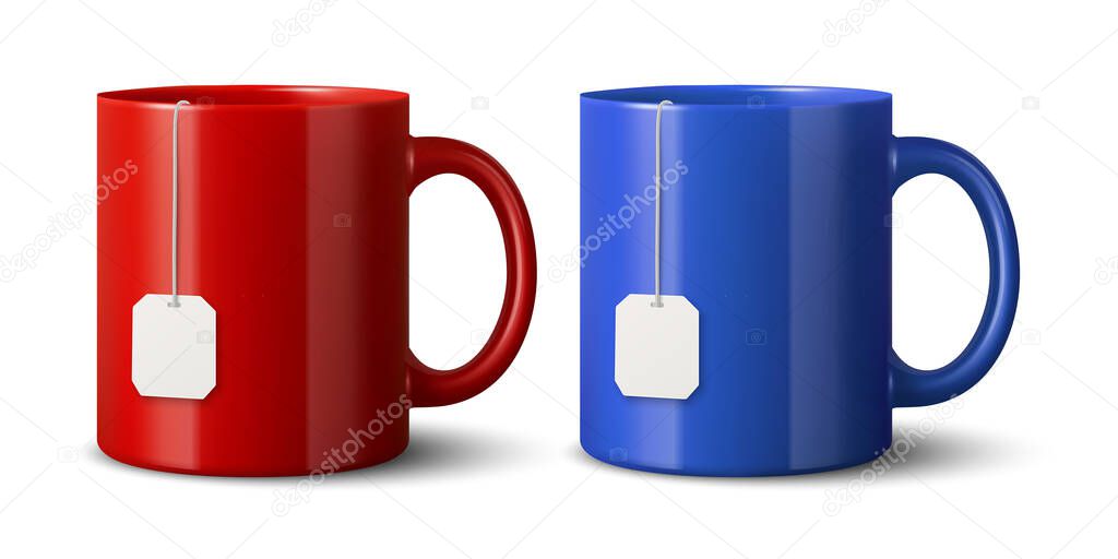 Vector 3D Realistic Red and Blue Ceramic Mug Set. Tea Cups with Blank Tag, Tea Bag Label, Blank Promotional Cup for Branding, Corporate Gift, Advertising, Merchandise, Logo Template, Mockup.
