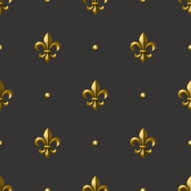 Lükslü Altın Fleur-de-Lis Siyah Arkaplanda Kusursuz Desen, Vektör İllüzyonu. Altın Kraliyet Kraliyet Kraliyet Sembolü. Fleur-de-Lis Duvar kağıdı, Kumaş, Dijital Kağıt. Klasik Fransız Süslemesi.