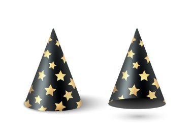 Vector 3d Realistic Party Hat Cone Set with Black Gold Stars, Isolated. Party Hat Clipart. Birthday Celebration Accessory. New Year Carnival Costume, Festive Decoration.