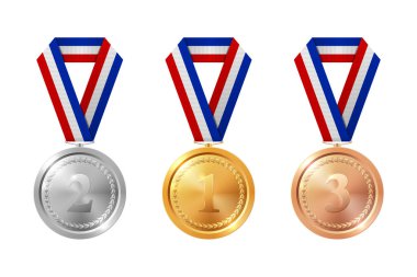 Vektör 3d Gerçekçi Altın, Gümüş, Bronz Madalya Seti. Spor dalında ödül madalyası. Madalya ikonu, izole edilmiş. Madalya Rozeti Koleksiyonu. Kazanan Birinci, Üçüncü, Şampiyonluk için Kupa Şablonu.