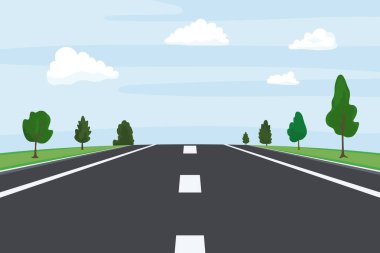 Highway Road Perspective, Vector Illustration. Empty Asphalt with Lane Markings, Countryside Trees and Sky. Road Background, Road Illustration.