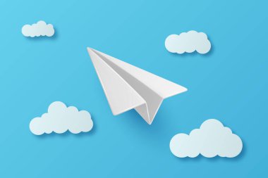 Vektör Gerçekçi Beyaz Kağıt Uçak Mavi Gökyüzü Arkaplanında Uçuyor. Eğitim, Seyahat ve Minimum Tasarım için Kağıt Uçak Çizimi. Poster, Bayrak ve Çocuk Eserleri için Temiz Kağıt Uçak.