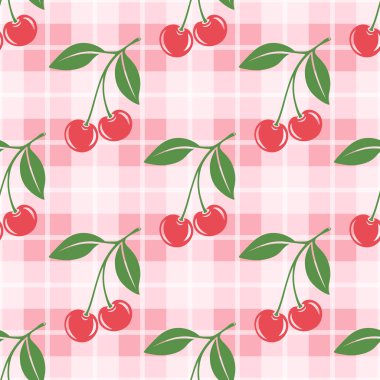 Kesik Kirazlı Vektör Kusursuz Desen. Tek, Bir Çift Kiraz ve Yapraklı Kiraz Kümesi, Tekrarlanan Yazdırma.