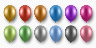 Vektör 3d Gerçekçi Folyo Metalik Renkli Balonlar Ayarlandı. Gerçekçi Parti Balonları, izole edilmiş. Renkli doğum günü balonları seti. Kutlama için Helyum Balonu, Kutlama Dekoru, Olay Tasarımı.