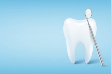 Sağlıklı Beyaz Diş ve Diş Aynası Mavi Arkaplan, Vektör Resimleri. Diş Sağlığı için Diş Hekimliği, Diş Hekimliği Kliniği, Stomatoloji Kliniği, Diş Posteri, Tıbbi Sağlık, Tedavi Konsepti.