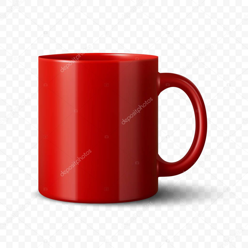 Vector 3D Realistic Red Ceramic Mug. Tea or Coffee Cup, Isolated. Blank Promotional Cup for Branding, Corporate Gift, Advertising, Merchandise, Logo Template, Mockup.