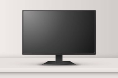 Vektör 3d Gerçekçi Monitör veya Masadaki TV. Ön Görünüm Minimum Ekranı. Boş Siyah Ekran, Monitör Mockup. Temiz TV Ekranı, LCD LED Tasarım Şablonu, Ön Görünüm.