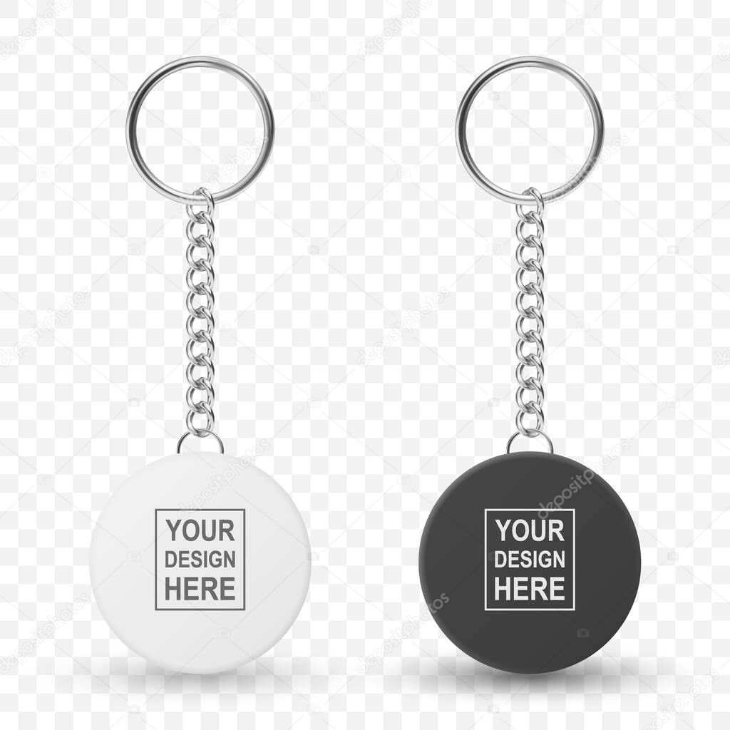 Vector Keychain Icon Set, Isolated. Realistic Round Keychain Design for Branding. Blank Keychain Mockup for Logo. Luxury Metallic Keychain Template for Custom Accessory Design.