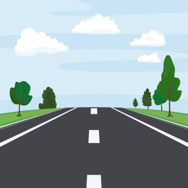 Highway Road Perspective, Vector Illustration. Empty Asphalt with Lane Markings, Countryside Trees and Sky. Road Background, Road Illustration.