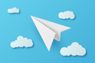 Vektör 3d Gerçekçi Beyaz Kağıt Uçak Mavi Gökyüzü Arkaplanında Uçuyor. Eğitim, Seyahat ve Minimum Tasarım için Kağıt Uçak. Poster, Bayrak ve Çocuk Eserleri için Temiz Kağıt Uçak.