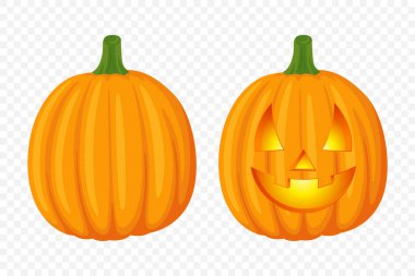 Oyulmuş yüzlü Vektör Cadılar Bayramı Balkabağı Seti. Şirin Balkabağı seti. Sonbahar Hasat, Sonbahar Dekorasyonu, Şükran Günü, Bayram Tasarımı için Renkli Cadılar Bayramı Etiketleri.