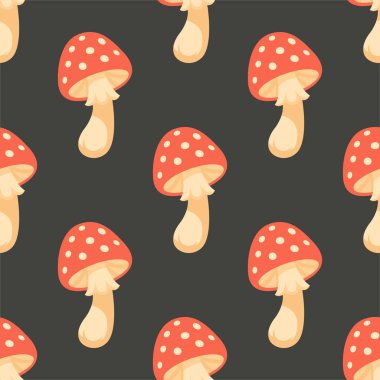 Amanita Mantar Vektörü Kusursuz Şablon. Siyah Arkaplanda Kırmızı Amanita Mantarı çizgi filmi. Orman Arkaplanı. Zehirli Mantar Kumaşı. Amanita Doğa Dekorasyonu, Woodland Yazdırma Tasarımı.
