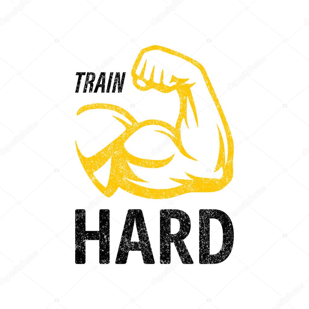 Vector Fitness Motivation Poster with Strong Arm and Text Train Hard. Gym Fitness Logo, Workout Emblem. Bodybuilding and Fitness Illustration. Strength Training Icon, Muscle Power Concept.