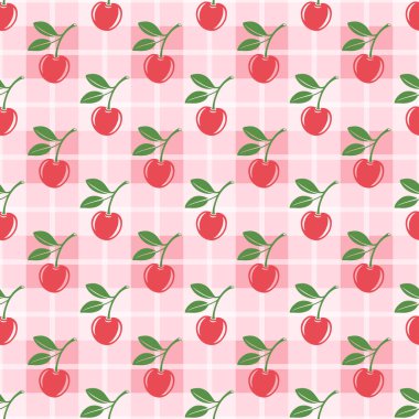 Kesik Kirazlı Vektör Kusursuz Desen. Tek, Bir Çift Kiraz ve Yapraklı Kiraz Kümesi, Tekrarlanan Yazdırma.