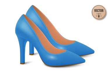 Vektör 3d Gerçekçi Mavi Yüksek Topuklar Çifti. Moda Posteri, Ayakkabı Mağazası Afişi, Giysi Kataloğu, Ayakkabı Markası, Zarif Kıyafet Tasarımı, Çevrimiçi Dükkan.