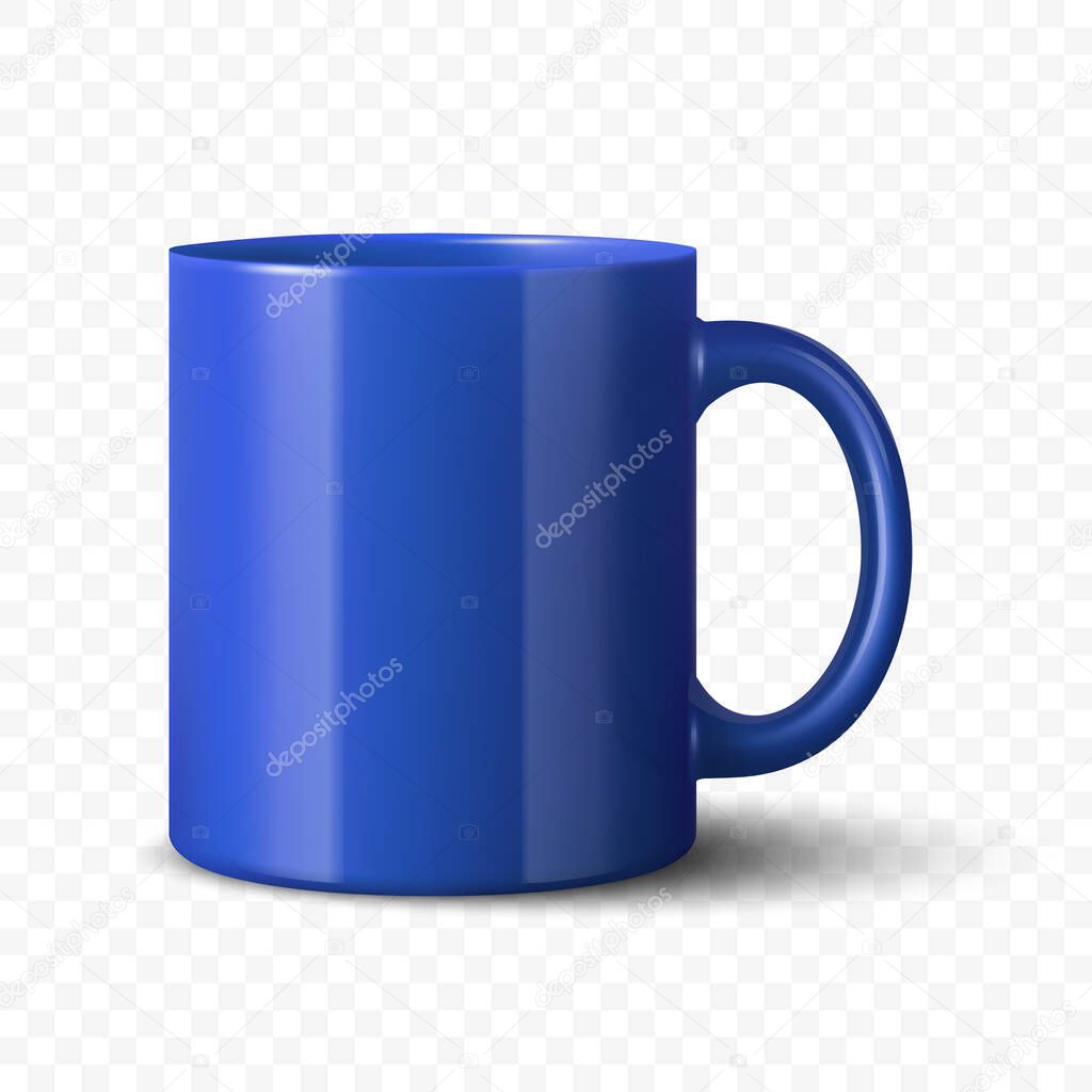 Vector 3D Realistic Blue Ceramic Mug. Tea or Coffee Cup, Isolated. Blank Promotional Cup for Branding, Corporate Gift, Advertising, Merchandise, Logo Template, Mockup.